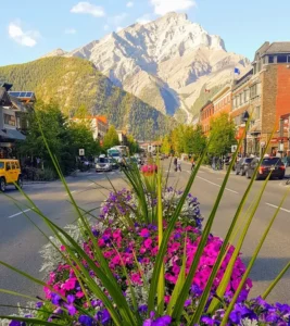 View of Cascade Mountain from a street in Banff.
