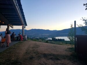 View from Grove Winery in Penticton overlooking Okanagan Lake and vineyards